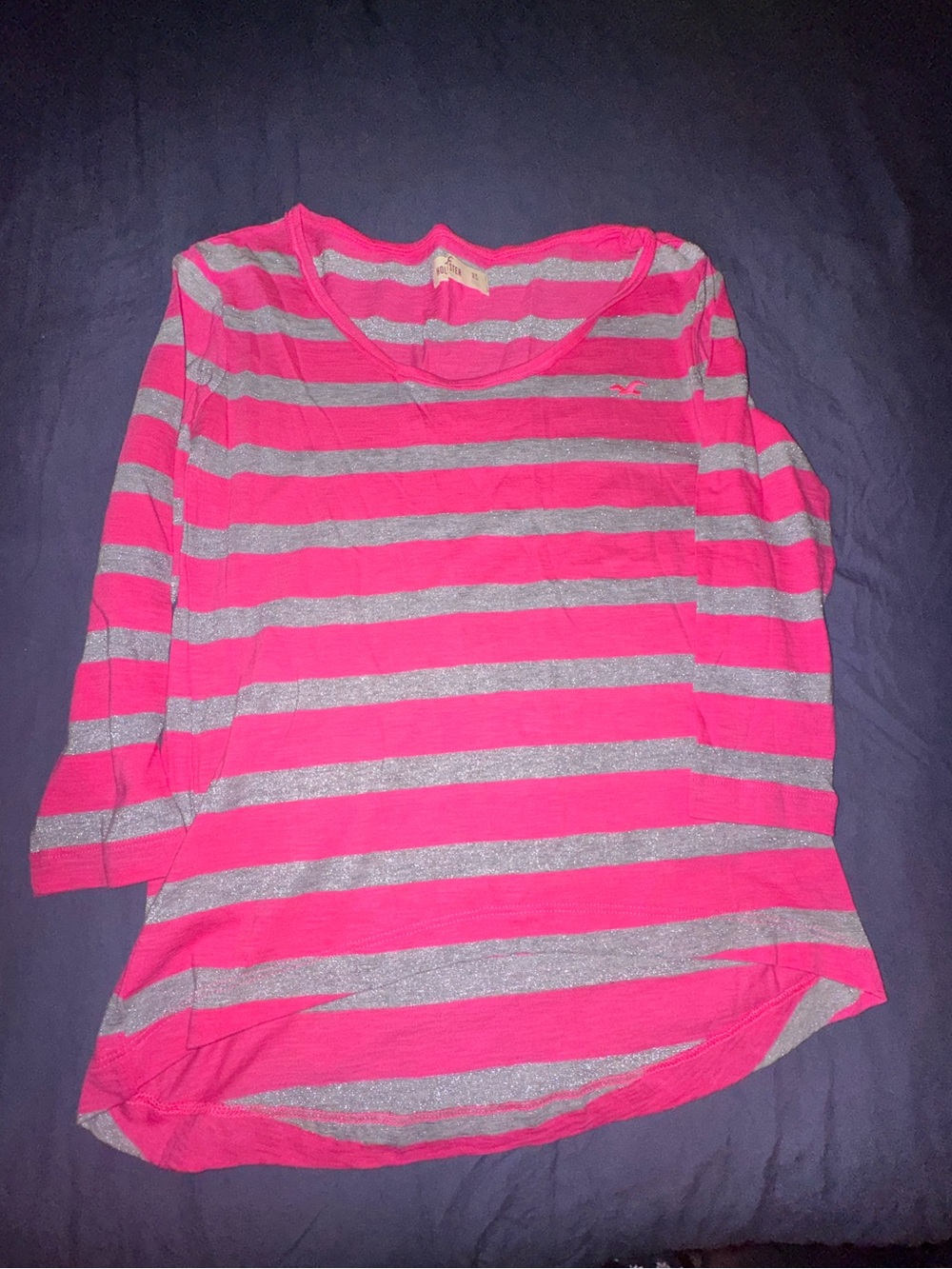 Hollister Hot Pink and Silver Striped Scoop Neck Tee